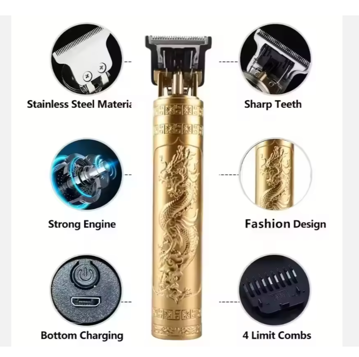 T9 Electric Hair Cutting Machine Rechargeable Barber Trimmer Professional Men's Shaver Vintage Dragon Buddha Stainless Steel